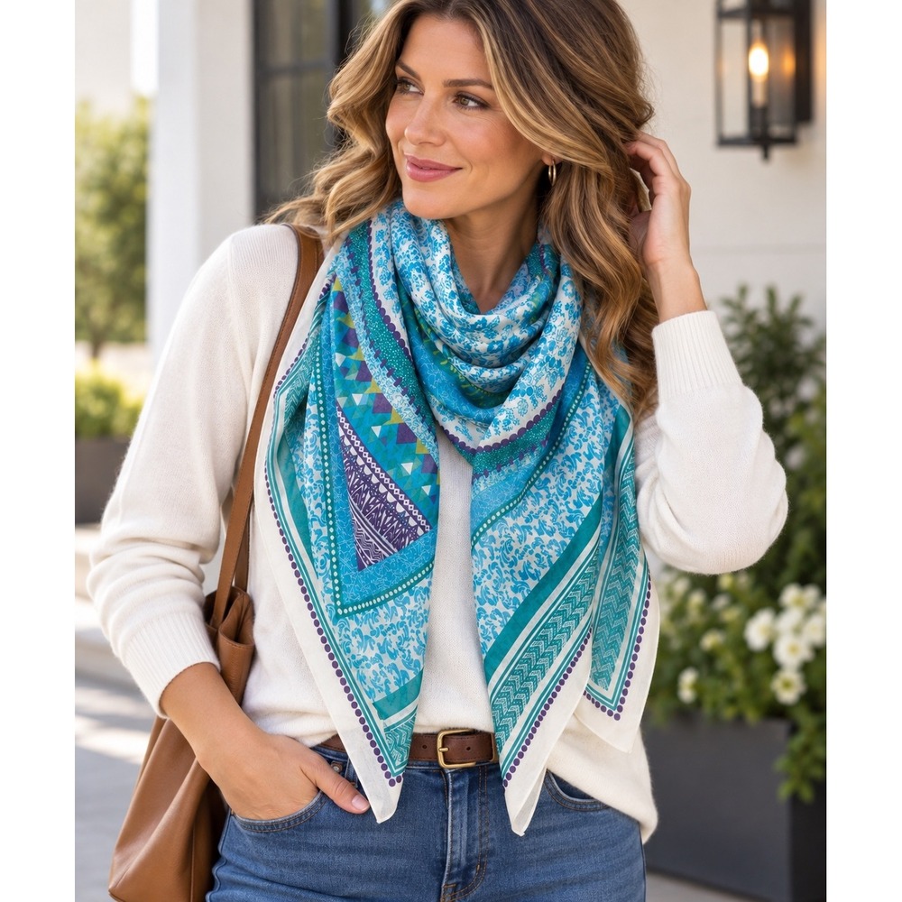 Cejon Accessories Square Scarf Women OS Blue Multi Geometric Floral Polyester NW